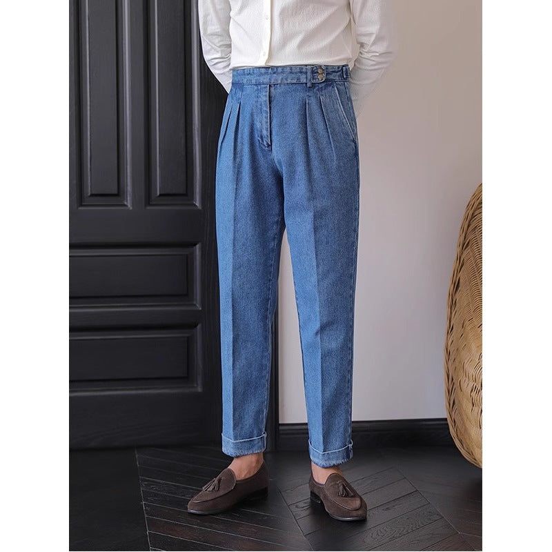 British High Waist Men's Jeans Drooping Straight Curling Suit Pants