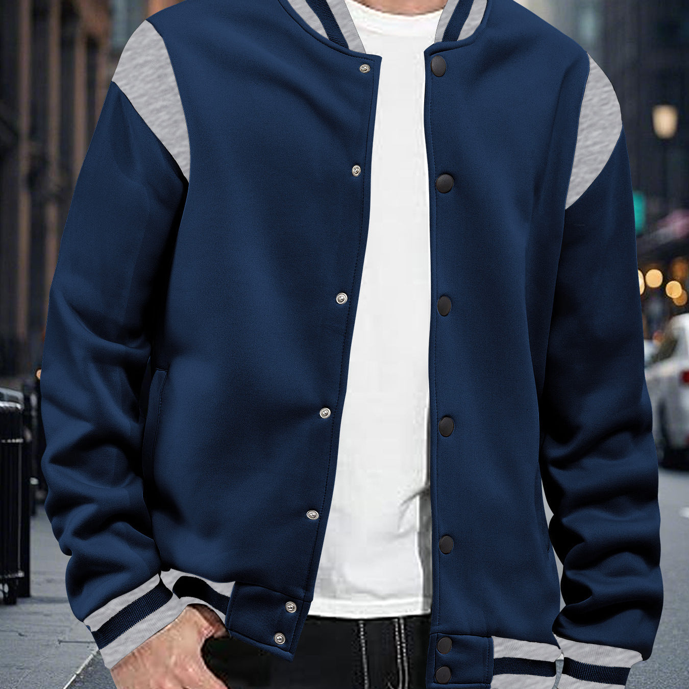 Casual Sporty High-street Fleece-lined Cardigan With Patchwork Design And Stand-up Collaraviator Baseball Jacket