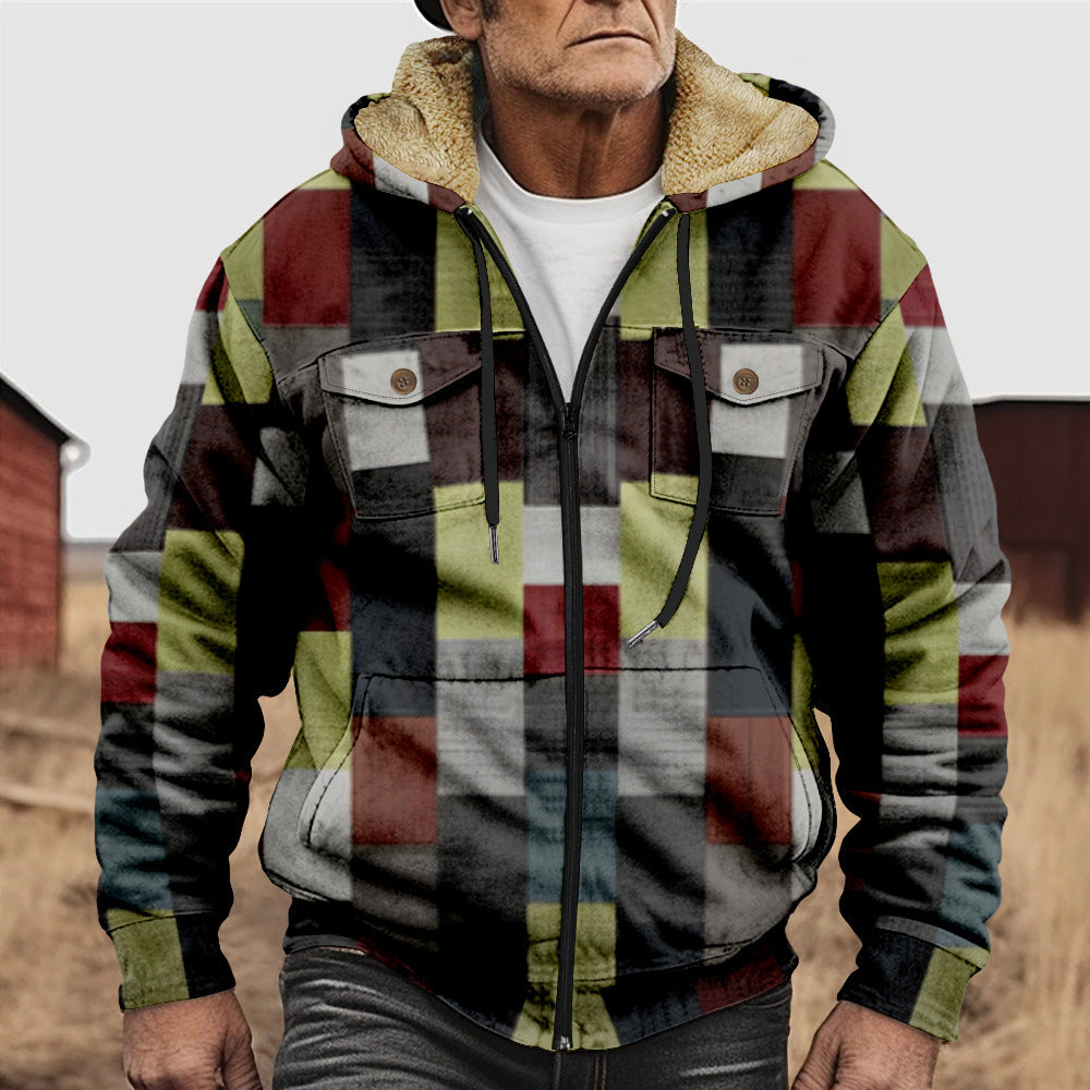 British-style Abstract Fashion Fleece-lined Cotton Coat With Hood And Zipper